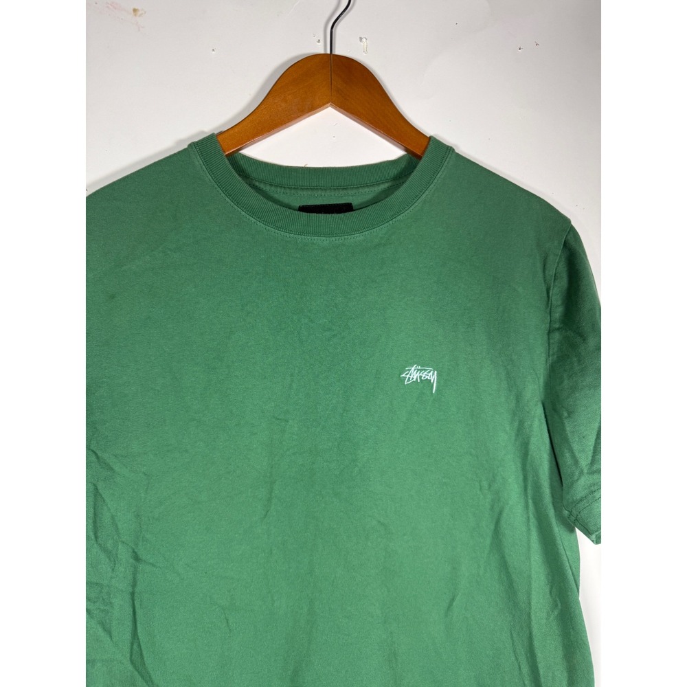 Stussy Mens Green Embroidered Script Logo Short Sleeve Crew Neck T-Shirt Small